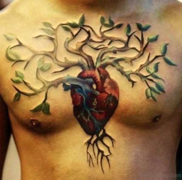 Red Heart And Tree Tattoo