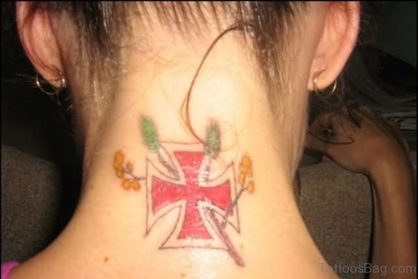 Red Ink Cross Tattoo On Girl Nape