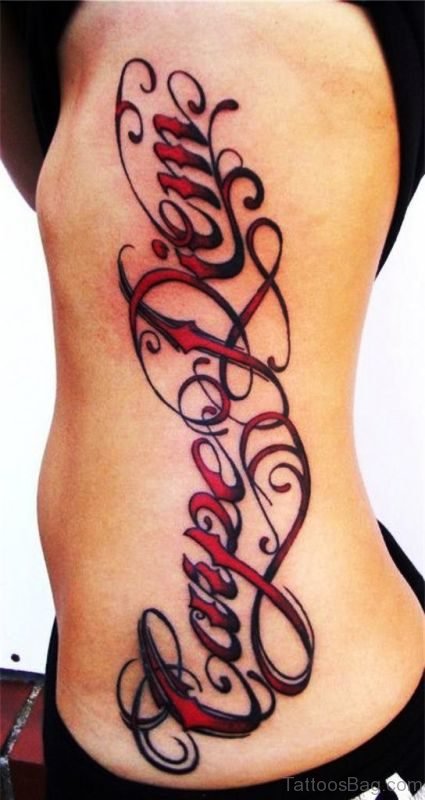 Red Inked Carpe Diem Tattoo On Rib