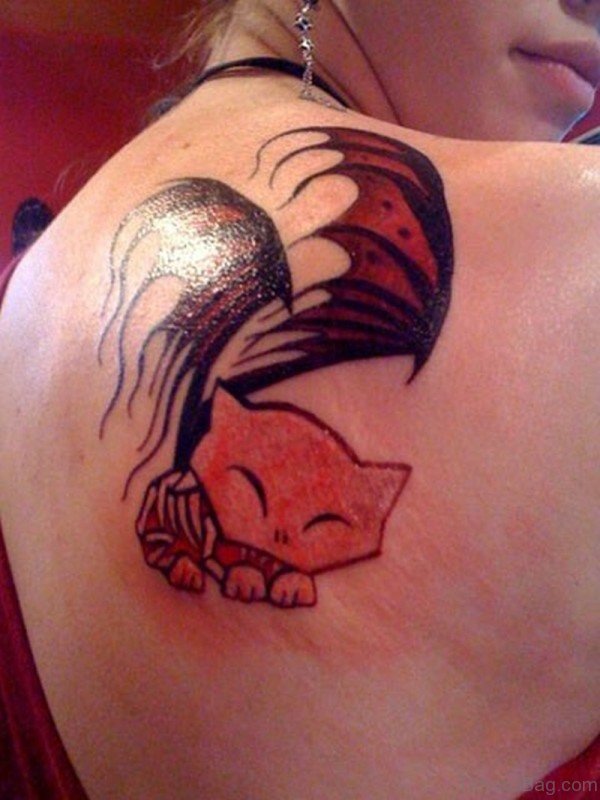 Red Kitty Tattoo On Shoulder