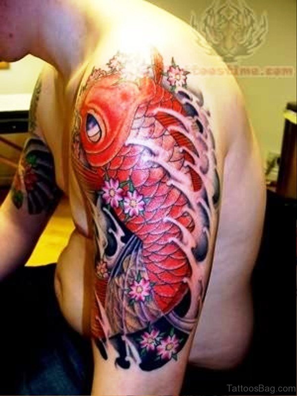 Red Koi Fish Tattoo On Shoulder 1