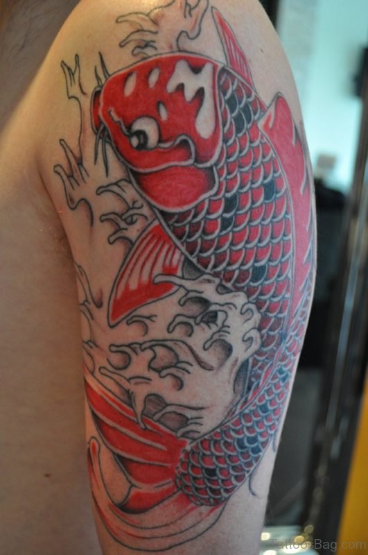 Red Koi Fish Tattoo On Shoulder