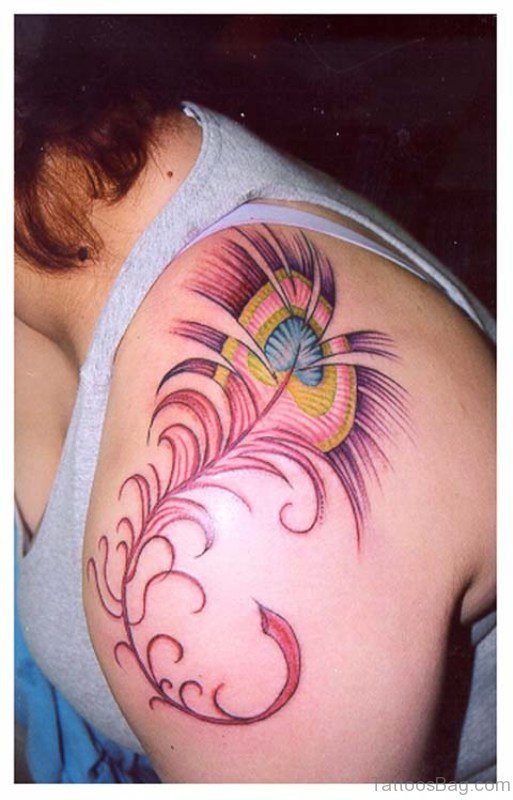 Red Peacock Feather Tattoo On Shoulder
