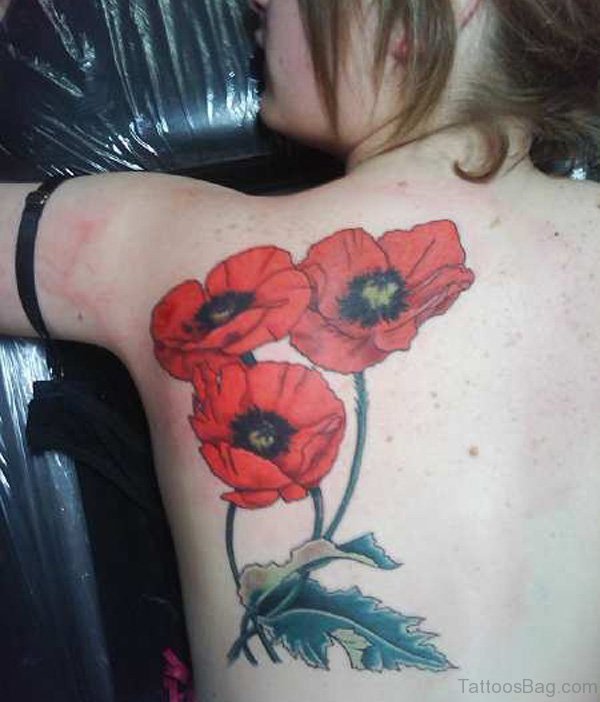 Red Poppy Flower Tattoo On Back 