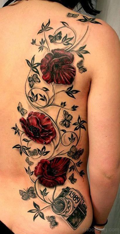 Red Poppy Tattoo On Back 