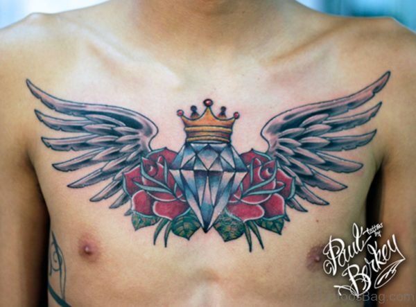Red Rose And Chest wing Tattoo 
