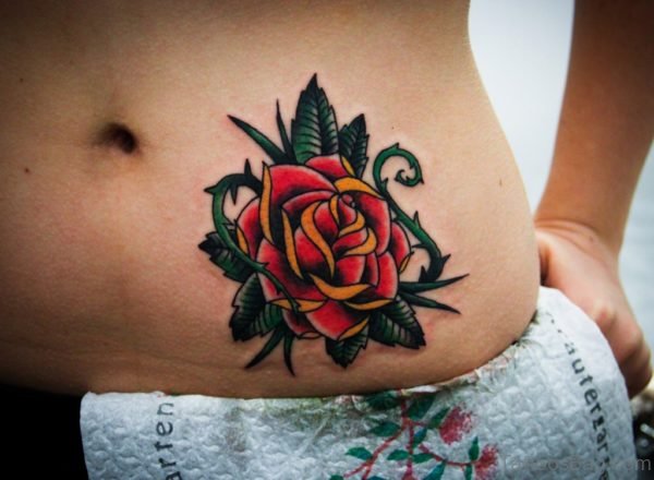 Red Rose Tattoo On Stomach 