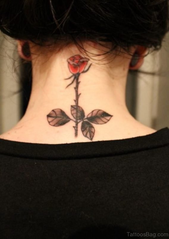 Red Rose With Leave Tattoo On Girl Nape