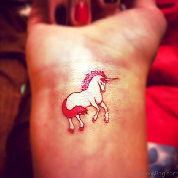 Red Unicorn Tattoo On Wrist