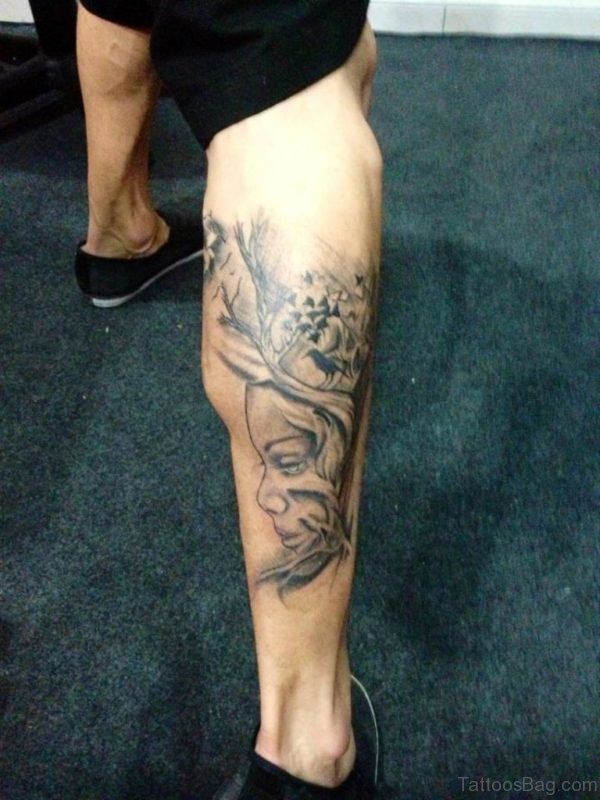 Right Back Leg Girl Face Tree Tattoo