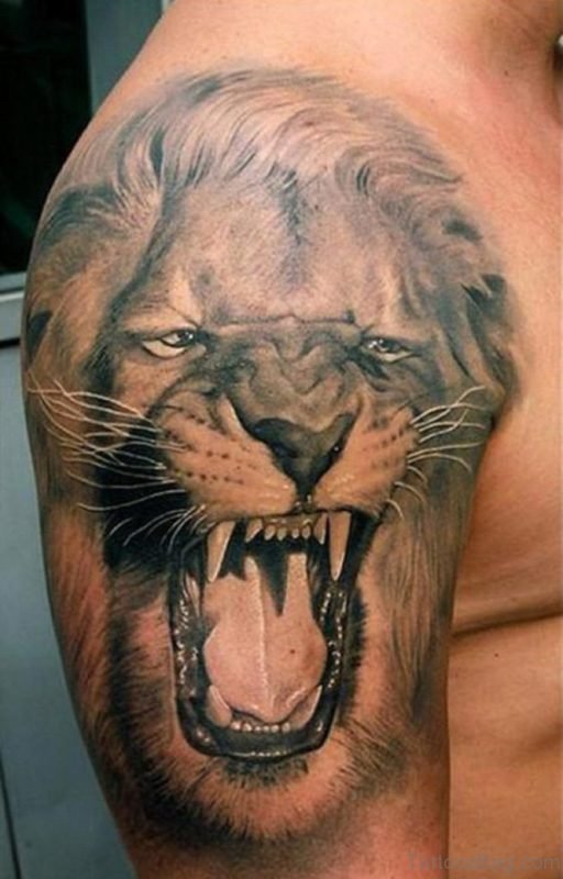 Roaring Lion Tattoo On Shoulder 