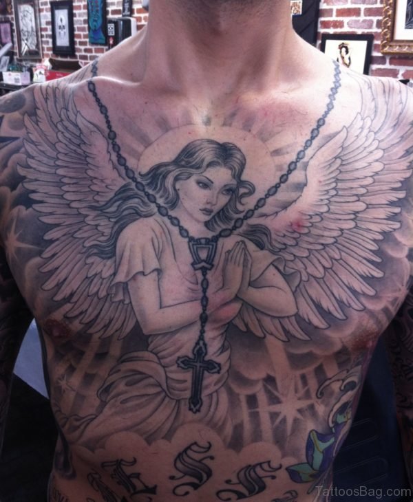 Rosary And Praying Angel Girl Tattoo On Chest