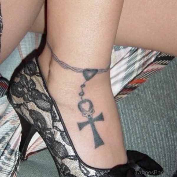 Rosary Ankh Cross Tattoo On Ankle