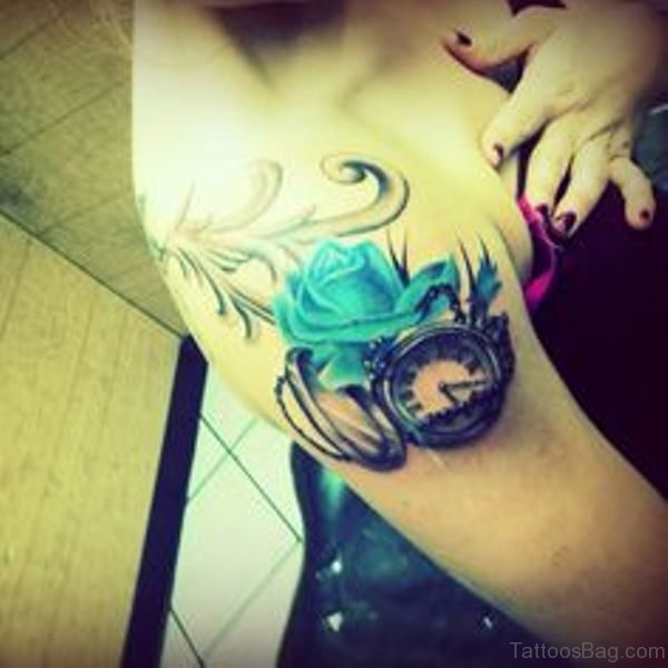 Rose And Clock Tattoo On Shoulder