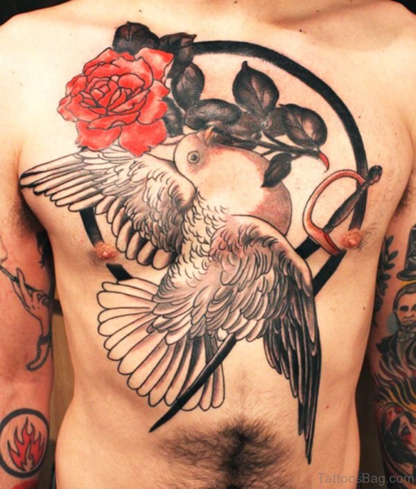 Rose And Dove Tattoo On Chest