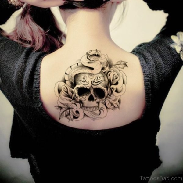 Rose And Skull Tattoo On Upper Back