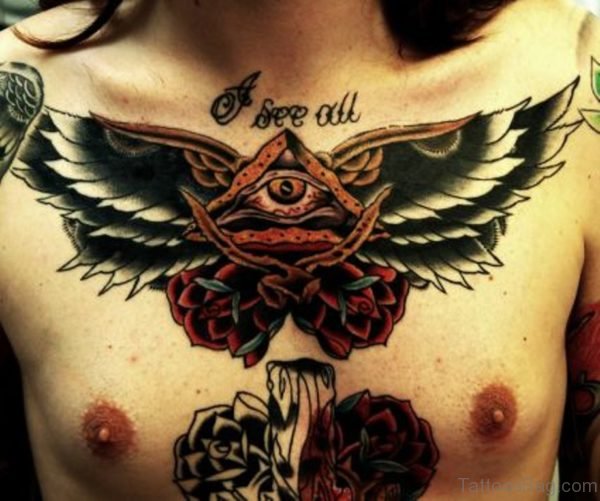 Rose And Wings Tattoo On Chest 