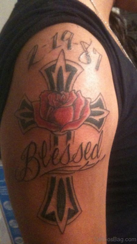 Rose Cross Tattoo On Shoulder 