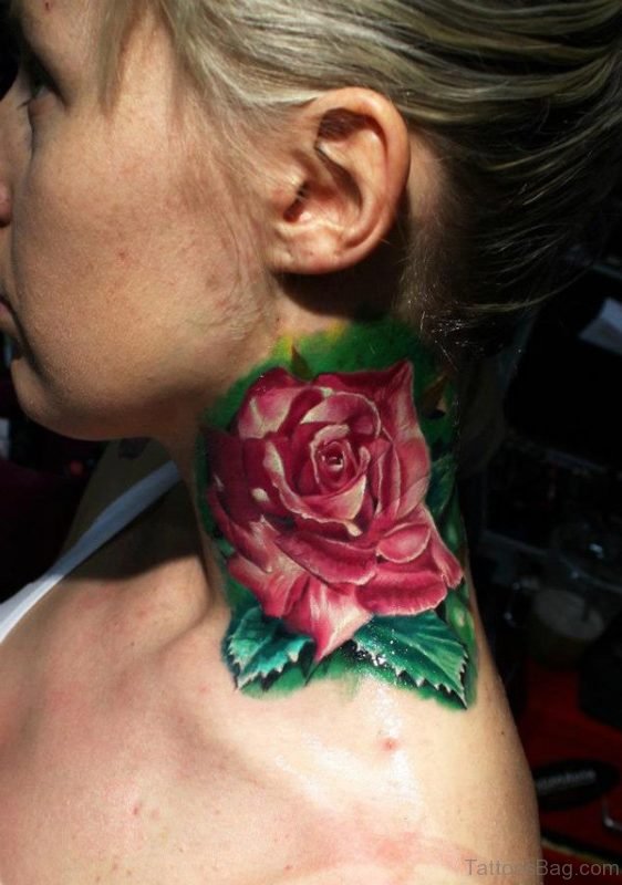 Rose Flower Tattoo On Neck 