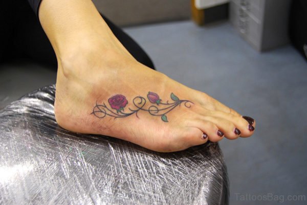 Rose Flower Vines Tattoo On Foot 