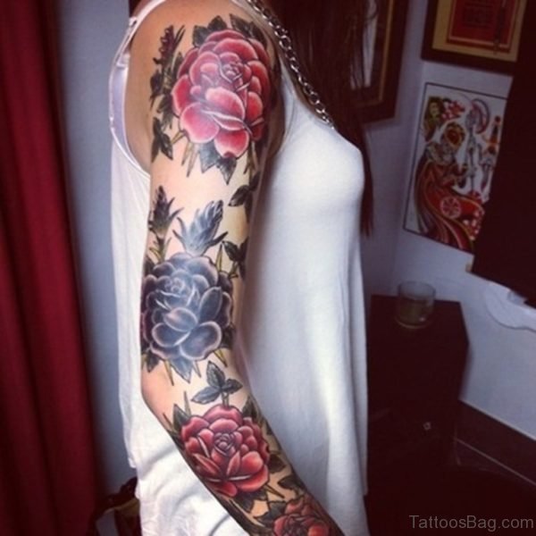Rose Tattoo On Full Sleeve 