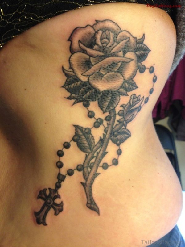 Rose and Rosary Tattoo On Rib