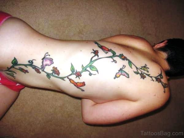 Roses And Butterflies Vine Tattoo On Back