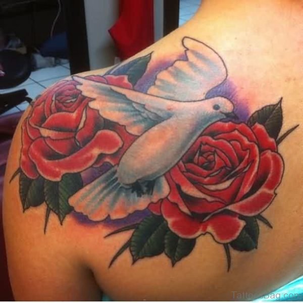 Roses And Flying Dove Back Tattoo