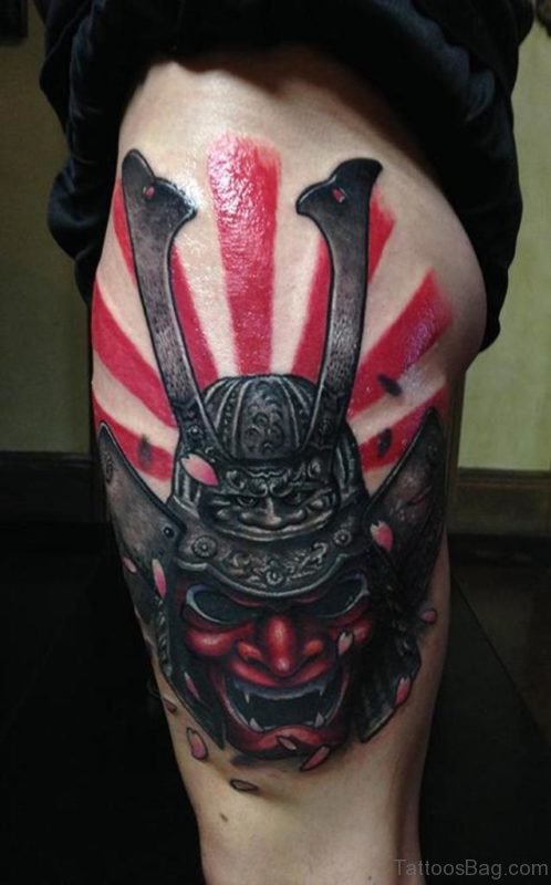 Samurai Metal Helmet With Hanya Mask Tattoo On Side Leg