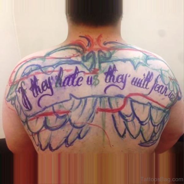 Scroll Tattoo On Back With Wings