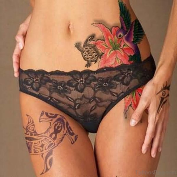 Sexy Turtle Flower And Bird Tattoos On Waist