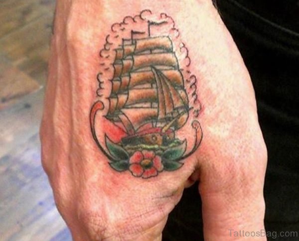 Ship And Flower Tattoo