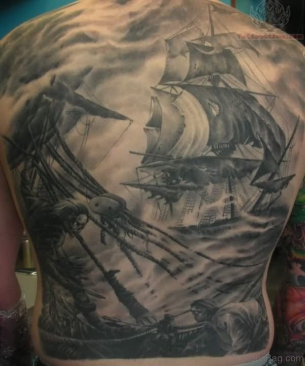 Ship Tattoo On Full Back 