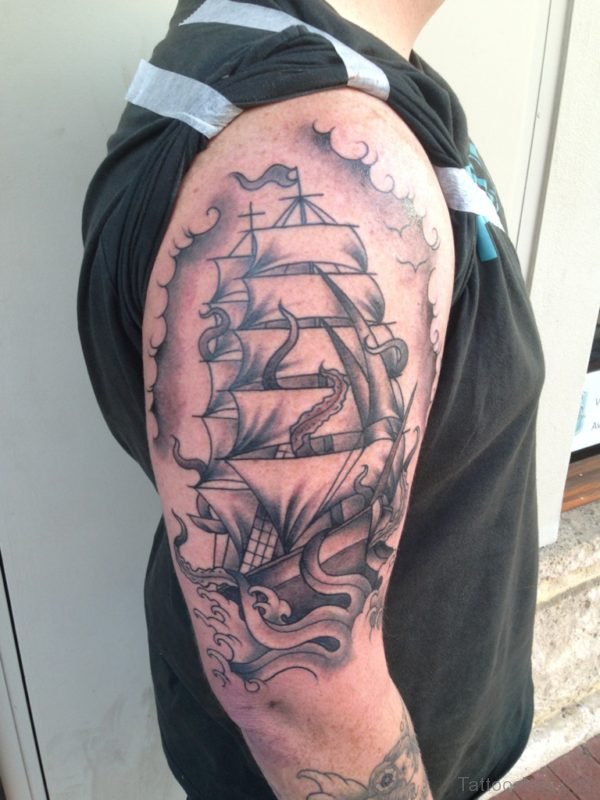 Ship Tattoo On Shoulder 