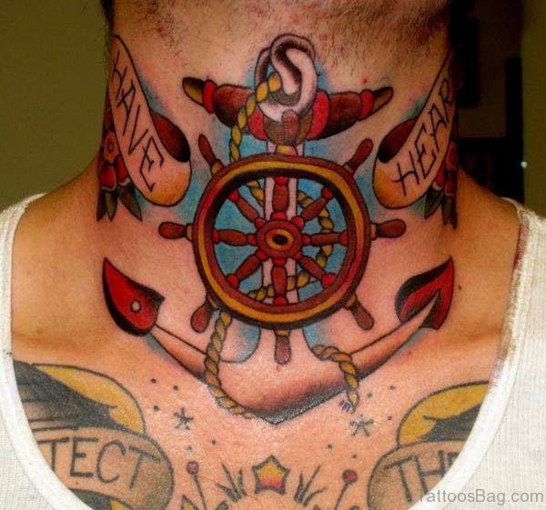 Ship Wheel Tattoo On Neck 