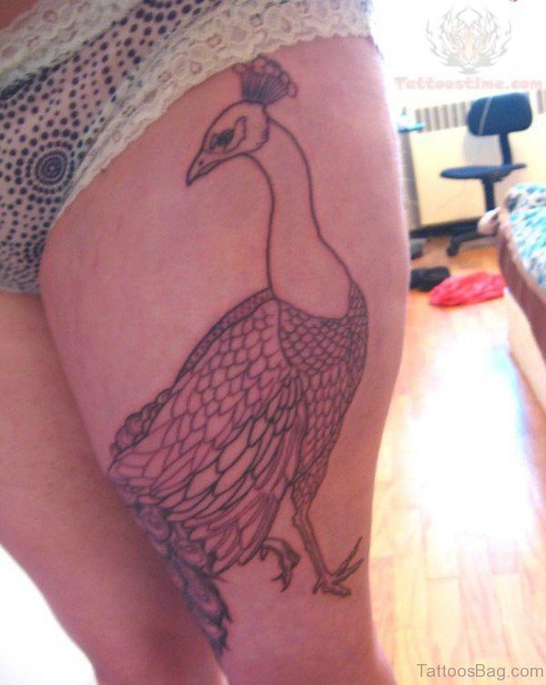 Simple Black Peacock Tattoo On Thigh