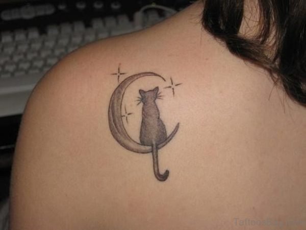 Simple Cat And Moon Tattoo On Shoulder