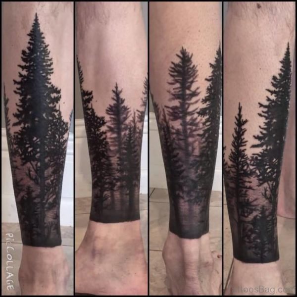 Simple Forest Tree Tattoo On Leg