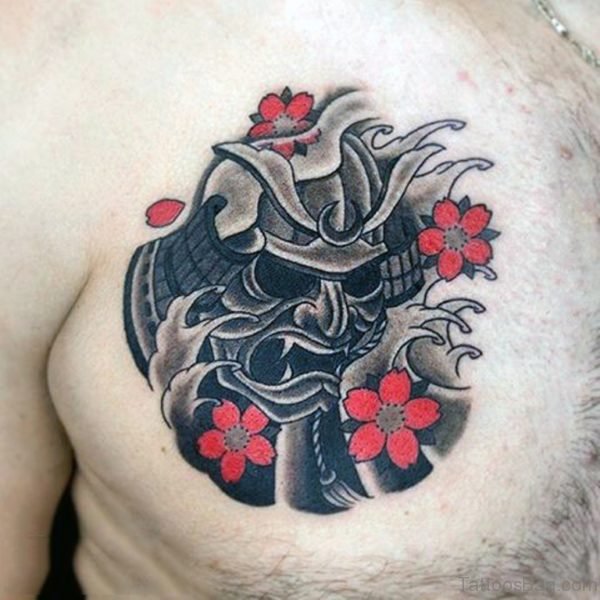 Simple Samurai Mask On Flower Background Chest Tattoo