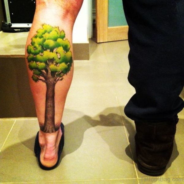 Simple Tree Tattoo On Left Leg Calf
