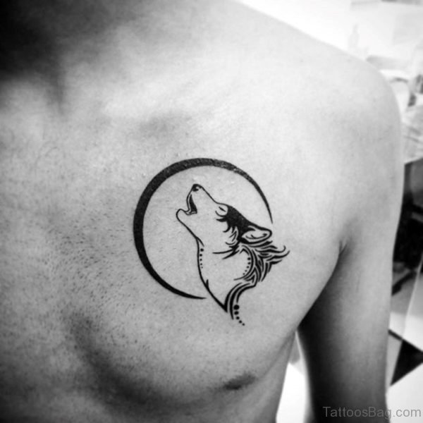 Simple Tribal Wolf And Moon Tattoo
