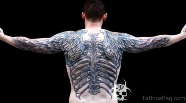 Skeleton With Big Wings Tattoo On Back
