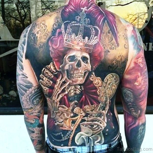 Skeleton With Crown Tattoo On Back