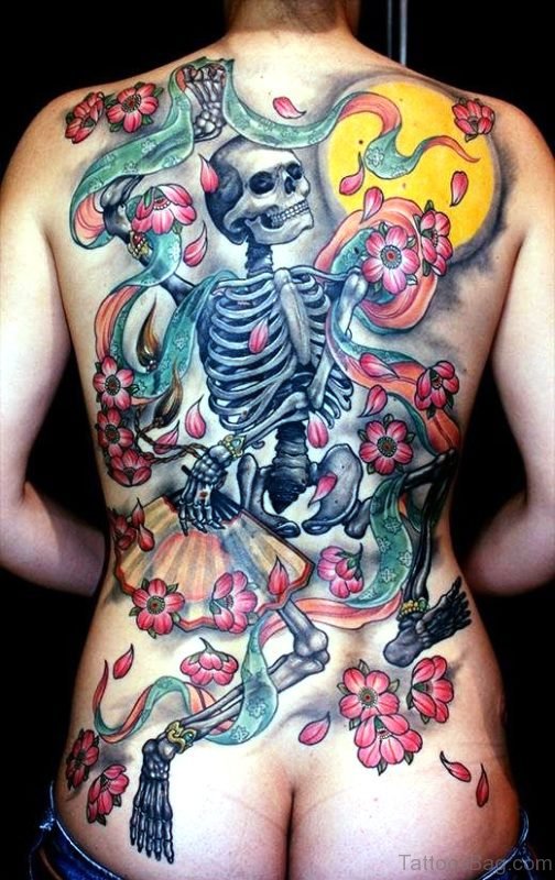 Skeleton With Flowers Tattoo On Back