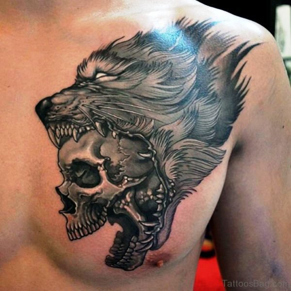 Skull And Alpha Wolf Tattoo Design