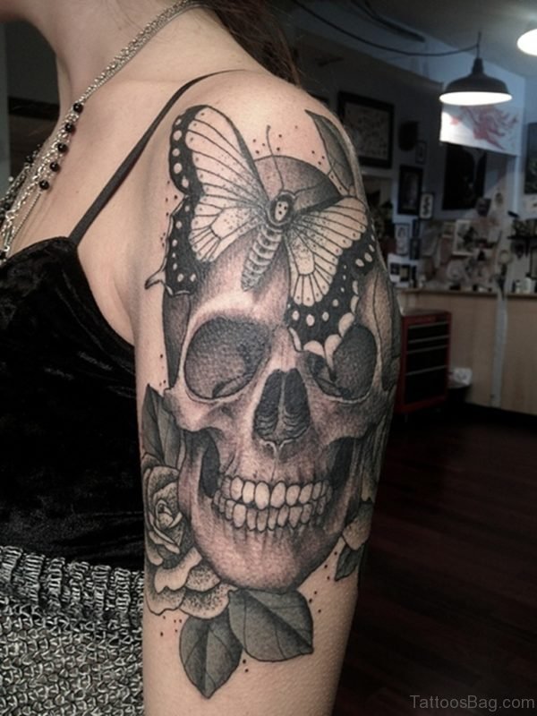 Skull And Butterfly Tattoo On Shoulder 