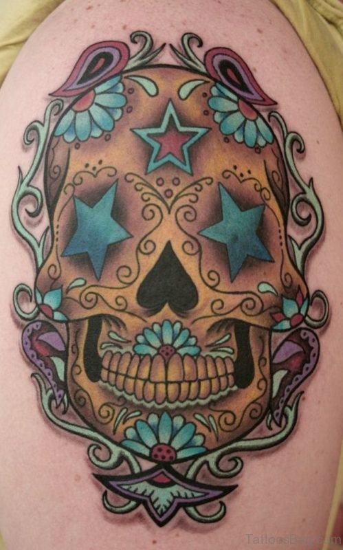 Skull And Flower Tattoo On Shoulder 