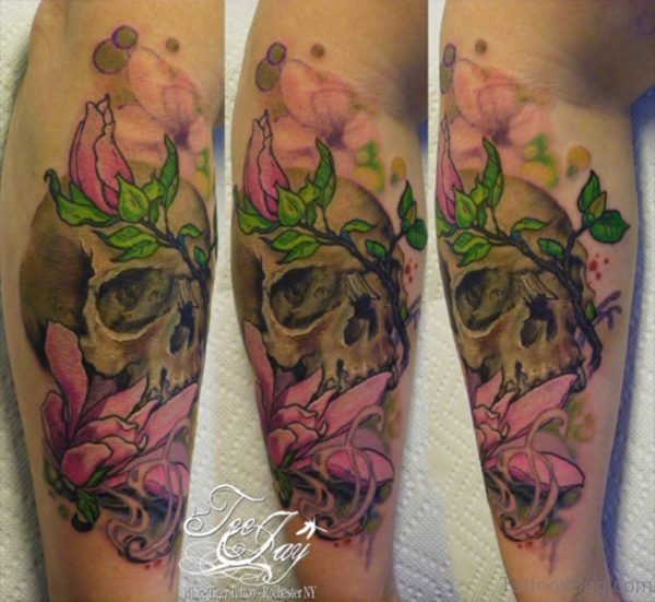 Skull And Magnolia Tattoo On Leg 