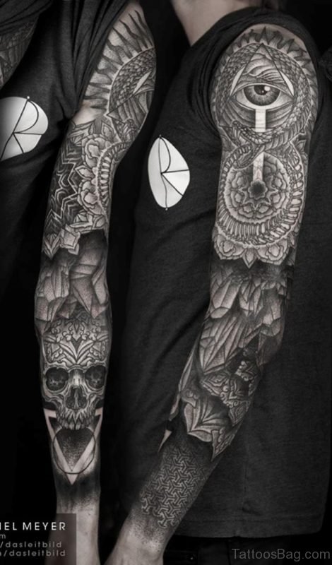Skull And Mandala Tattoo On Full Sleeve 