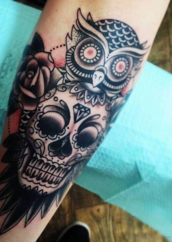 Skull And Owl Tattoo On Arm 
